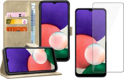 Hoesje geschikt voor Samsung Galaxy A22 5G - Bookcase Goud - Screenprotector - Portemonnee Hoesje