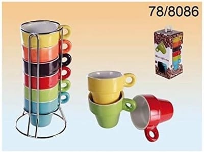 Set van 12 Keramische Espressokopjes in 6 Verschillende Kleuren op Chromen Standaard