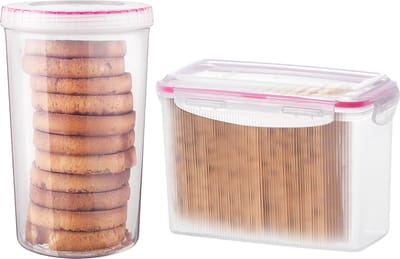 Lock&Lock Beschuitbus en Cracker bewaardoos - Knackebrod bewaardoos - 100% luchtdicht - BPA vrij - PFAS vrij - Bewaardoos met deksel - Voorraaddozen - Set van 2 stuks - Transparant met Roze ring