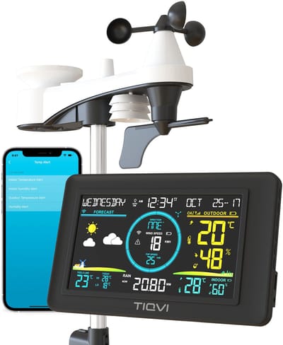 Tiqvi - Professioneel 6-in-1 WiFi Weerstation - Windsnelheid- en Regenmeter - Draadloze Buitensensor - 7,3 inch Kleurendisplay - Binnen en Buiten