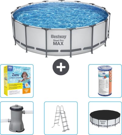 Bestway Rond Steel Pro MAX Zwembad - 457 x 122 cm - Grijs - Inclusief Pomp - Ladder - Afdekzeil Onderhoudspakket - Filter