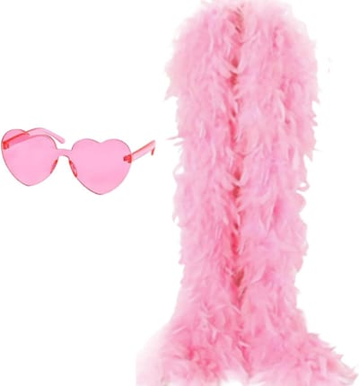 Roze veren sjaal van 2 meter met hartvormig frame randloze zonnebril - feestelijke damesmode, carnaval accessoires, prom kostuum decoratie