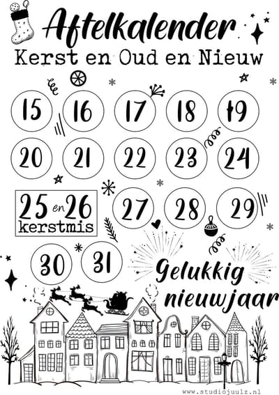 Aftelkalender Kerst en Oud & Nieuw - A4 - zwart wit - Studio Juulz