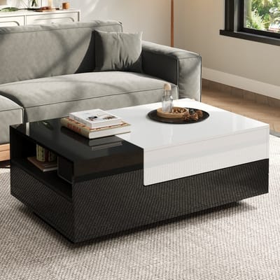 Wishdor Salontafel 100×50×38 cm Hoogglans Zwart-Wit – 2 lades, halfoffene zijruimte en multifunctioneel opbergontwerp