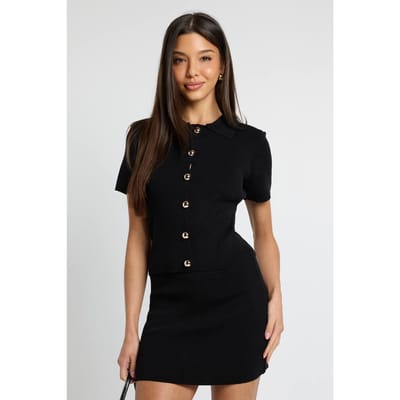 boohoo Dames Gebreide Top Met Korte Mouwen En Knoopsluiting En Minirok | Zwart | Maat: Medium