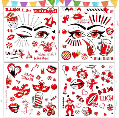 Gezichtstatoeages voor Carnaval - 4 Bladen met Stickers voor Kostuums, Feestelijke Versiering en Kölle Alaaf Thema
