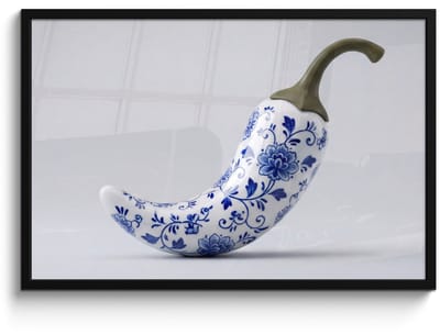 Poster in lijst - Fotolijst 90x60 cm - Posters - Chilipeper - Keramiek - Blauw - Posterlijst zwart - Decoratie - Wanddecoratie woonkamer - Muurdecoratie slaapkamer