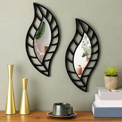 Set van 2 Bladvormige Wandspiegels - Decoratieve Spiegel Wanddecoratie met Zwart Frame - Moderne Wandspiegel voor Woonkamer, Slaapkamer, Hal en Badkamer