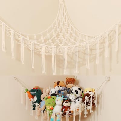 Speelgoed Opberghangmat - Macrame Organizer voor Knuffels en Zacht Speelgoed - Beige