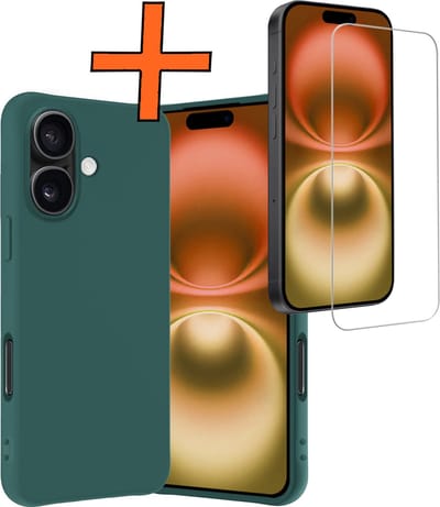 Hoes - Met Screenprotector - Geschikt voor Apple iPhone 16 - Sterk & Shockproof - Back Cover - Siliconen Case - Telefoon Hoes - Donkergroen