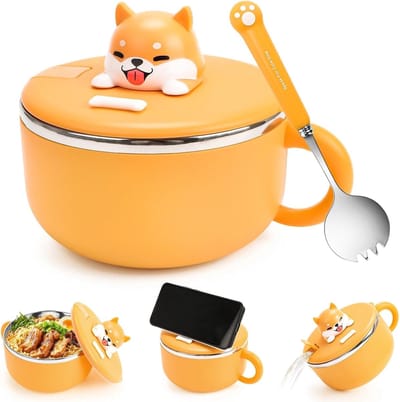 Ramen-kom met Shiba-Inu-deksel, 304 roestvrij staal, warmte-isolatie, met lepel, draagbaar