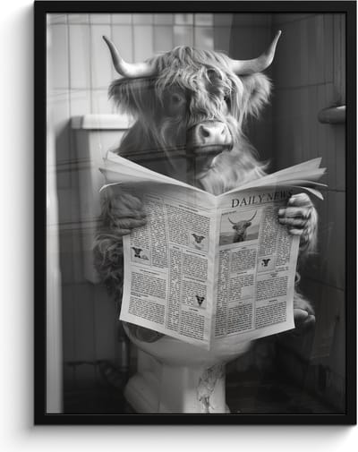 Poster in lijst - Fotolijst 60x80 cm - Posters - Schotse hooglander - Koe - Krant - WC - Zwart wit - Posterlijst zwart - Wanddecoratie badkamer - Muurdecoratie WC - Decoratieve accessoires - Toilet muur decoratie