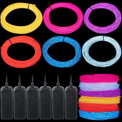 6-pack 16 ft EL-draad neondraad, draagbaar, LED-verlichting 360° DIY knipbare gloeiende lichtslang op batterijen, neonlichtsnoer voor kerstversiering (felle kleur)