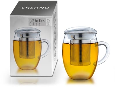 Creano theeglas all-in-one 400ml, grote theekop met roestvrijstalen zeef en glazen deksel, theezetter in aantrekkelijke geschenkverpakking (1x 400ml)