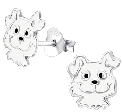 Joy|S - Zilveren hond oorbellen - 8 x 9 mm - wit - kinderoorbellen