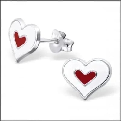 Aramat Jewels | Oorbellen | Zilveren Hartje Oorstekers – 925 Zilver -Emaille | Wit/Rood-8x9mm | |7mm | Zilver | Kinderen, Volwassenen | Verkleurd niet