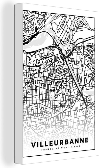 Canvas Schilderij Frankrijk - Plattegrond - Villeurbanner - Stadskaart - Kaart - Zwart wit - 20x30 cm - Wanddecoratie