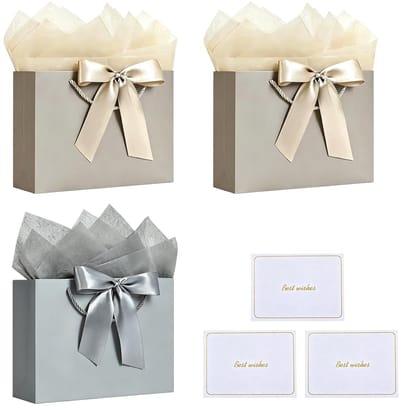 Dailygoods - Middelgrote Cadeauzakjes met Cadeaupapier - 3-Pack Zilver & Champagne Verjaardagszakjes + Kaarten & Linten | Ideaal voor Bruiloften, Kerstfeesten - 28x10x20cm
