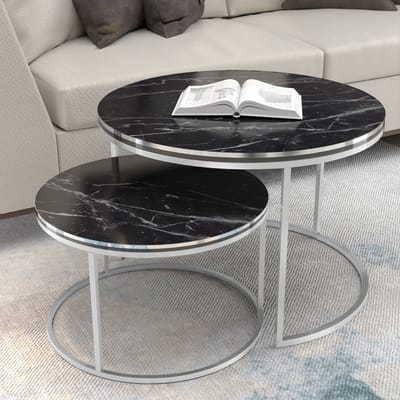 Salontafel Skagen set van 2 rond marmer zwart en zilverkleurig
