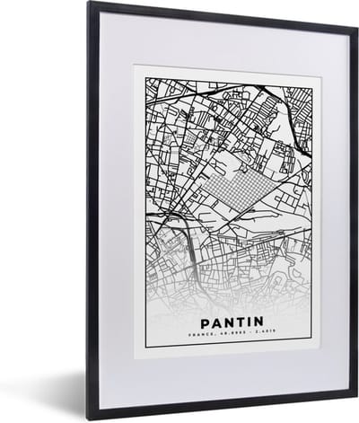 Fotolijst incl. Poster Zwart Wit- Stadskaart - Plattegrond - Pantin - Kaart - Frankrijk - Zwart wit - 30x40 cm - Posterlijst