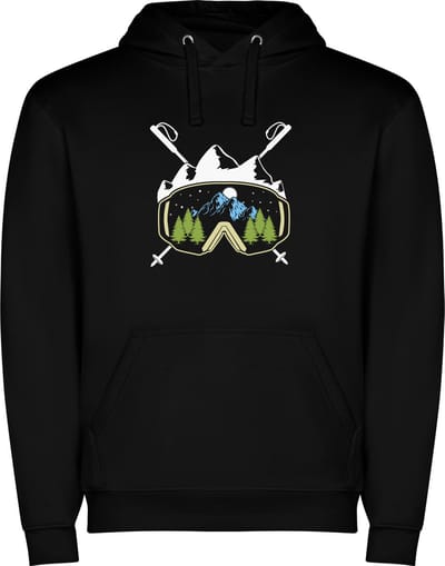 Zwarte unisex hoodie met “ Kleurrijke Ski – Bergen – Skibril – Sneeuw “ Print Full Color Color merk Roly maat S