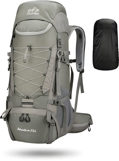 CarryQuest® 75L Campingrugzak - Waterdichte Travel Backpack met Regenhoes, Schoenenvak, Laptopvak & Rugventilatie - Grijs