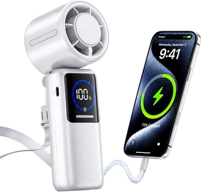LISM-Draagbare turbineventilator, 6000mAh opvouwbare oplaadbare persoonlijke ventilator, 4-in-1 nekventilator, ingebouwde USB-C-kabel en display, 15 m/s handventilator, Geschikt voor reizen en concerten, een geweldig cadeau Geschikt voor vrouwen.