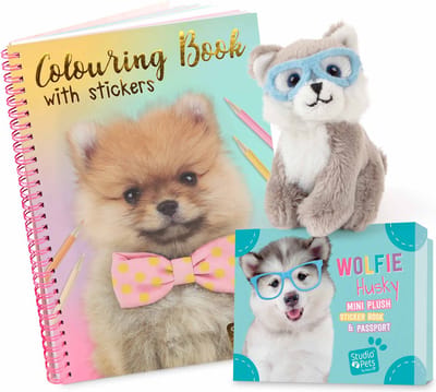 Studio Pets® cadeauset mini hond knuffel Wolfie Alaska Malamute 8 cm met koffertje – inclusief paspoortje en honden kleurboek – cadeau voor kinderen