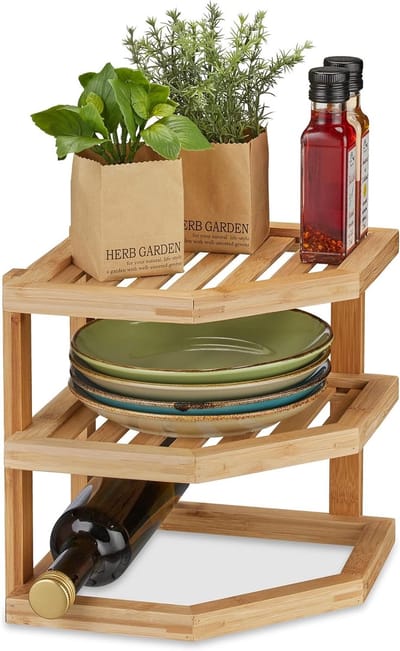 Famanu – Bamboe keuken hoekrek voor aanrecht – 2 etages – keukenkast organizer – 25,5x25,5x25,5 cm