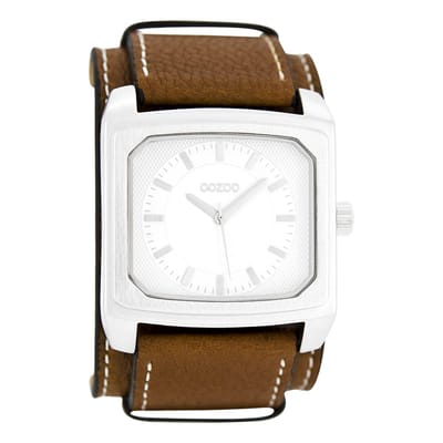 OOZOO Timepieces - Zilverkleurige horloge met cognac leren band - C5210