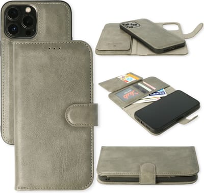 Casemania Hoesje Geschikt voor Apple iPhone 13 - Grijs - 2 in 1 Luxe Kunstlederen Portemonnee Book Case met Extra Vakken