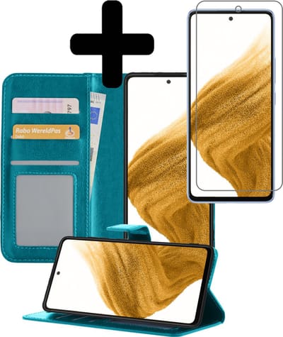 Hoesje - Met Screenprotector - Geschikt voor Samsung Galaxy A53 - Luxe Pasjeshouder - Bookcase Portemonee - Flip Case - Kunstleer Book Case - Flipcase - Book Cover - Walletcase - Portemonneehoes - Telefoonhoesjes - Turquoise