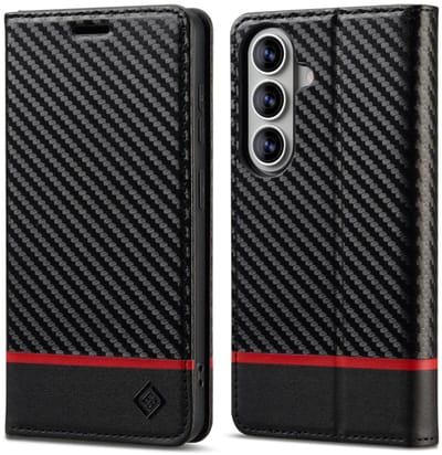 Luxe BoekCover Hoes Etui geschikt voor Samsung Galaxy A37 - A36 - A56 - Zwart - Rood - Carbon - V1