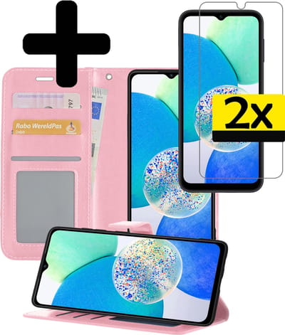 Hoesje - Met 2x Screenprotector - Geschikt voor Samsung Galaxy A14 - Luxe Pasjeshouder - Bookcase Portemonee - Flip Case - Kunstleer Book Case - Flipcase Hoes - Book Cover - Walletcase - Portemonneehoes - Telefoonhoesjes - Lichtroze