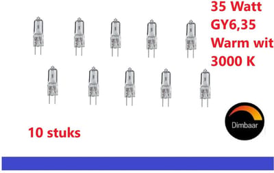 HALOGEENLAMP 35 W - FITTING GY 6.35 - 12 VOLT - 10 STUKS - HELDER - DIMBAAR - WARM LICHT - 3000K