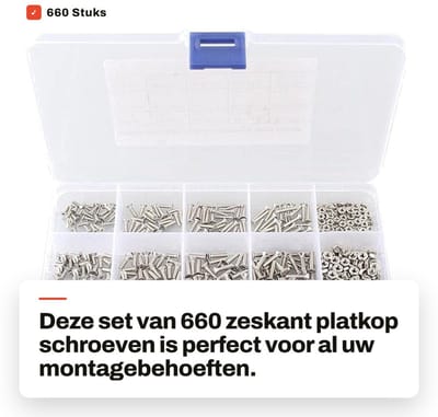 Dailygoods- Schroeven 660 Stuks - Zeskant Platkop - Verzonken Schroeven - Roestvrij Staal - Assortiment Set - Inclusief Opbergdoos - Machine Schroeven