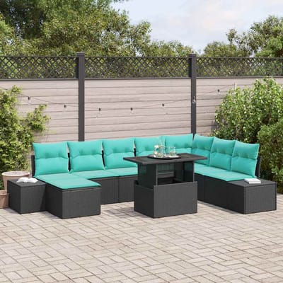 vidaXL - Tuinbank - Set - 9 - st - Zwart - en - Blauw - poly - rattan