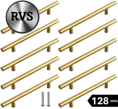 10 X MSQDESIGN RVS Handgrepen Goud - Handgreep 200mm - Hartafstand 128mm - Handgreep keukenkast T vorm - Gouden Meubelgreep RVS - Goude Handvatten keuken - RVS Handgreep Goud voor keuken , kast en deurjes - Moderne Deurgreepjes - incl schroeven
