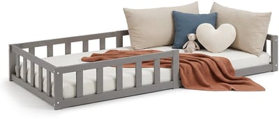 Homestyle4u Kinderbed - 90x200 cm - Vloerbed met lattenbodem en valbeveiliging - Grijs