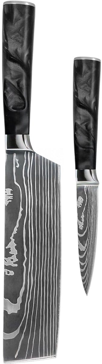 Shinrai Knives - Damascus Print Epoxy Onyx 2-delige Messenset - Nakiri + Schilmes