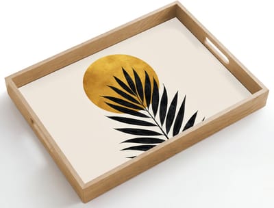 Dienblad hout 50x35 cm - Schootdienblad - Zwart palmblad - Gouden cirkel - Beige achtergrond - Borrelplank rechthoek - Plateau dienbladen