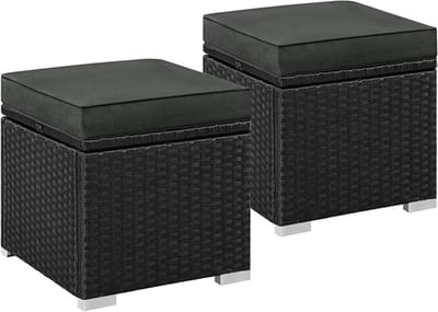 Rotan Opbergkruk Set van 2 - Weerbestendige Tuinkrukken met Opbergruimte en Kussens - Multifunctionele Voetenbank voor Balkon, Terras en Tuin - Zwart Grijze Rotan Hocker