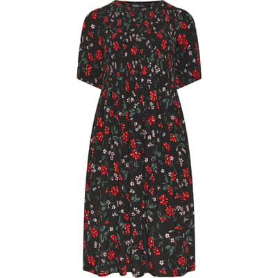 Yours Zwarte Jurk Met Bloemenprint, Pofmouwen En Plooien Size 42