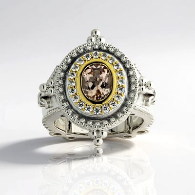 Cavill - Luxe Zilveren Damesring - 925 Sterling Zilver met Goud - 0,855 ct Braziliaanse Morganiet Ovaal - 20 Cambodjaanse Zirkonen Pavé