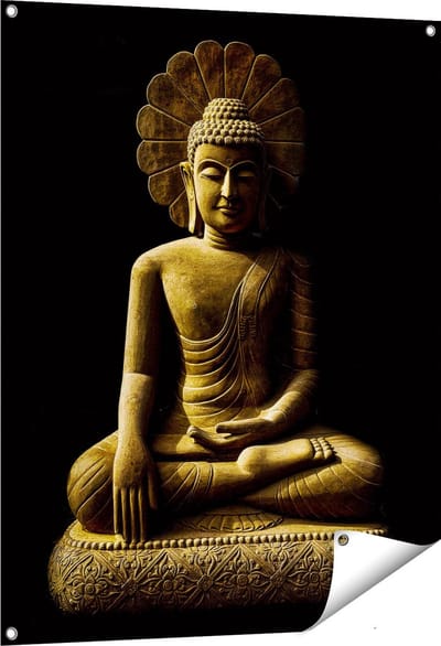 Gards Tuinposter Gouden Boeddha Beeld in Meditatie - 80x100 cm - Tuindoek - Tuindecoratie - Wanddecoratie buiten - Tuinschilderij