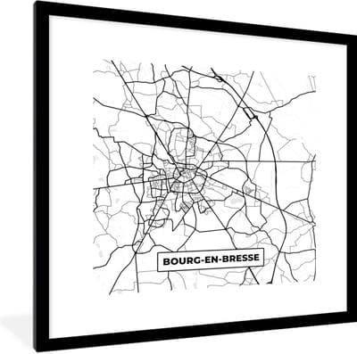 Fotolijst incl. Poster Zwart Wit- Frankrijk - Bourg-en-Bresse - Plattegrond - Stadskaart - Kaart - Zwart wit - 40x40 cm - Posterlijst