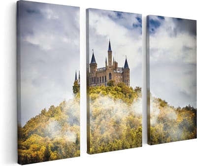 Artaza Canvas Schilderij Drieluik Kasteel op de Berg in het Bos - 120x80 cm - Wanddecoratie Woonkamer - Schilderijen - Muurdecoratie