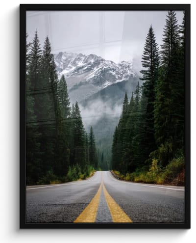 Poster in lijst - Fotolijst 50x70 cm - Posters - Sparrenbos - Weg - Bergen - Sneeuw - Posterlijst zwart - Decoratie - Wanddecoratie woonkamer - Muurdecoratie slaapkamer