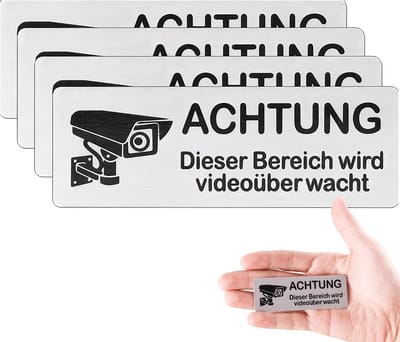 Pack of 4 Zelfklevende Aluminium Video Surveillance Signs - 85 x 30 mm - Waarschuwingsbord voor Camera Surveillance - Binnen en Buiten (Zwart)