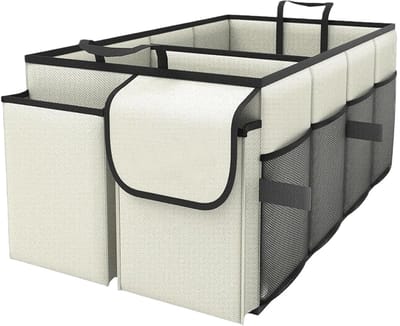 Kofferbak Organizer Auto - 46L - Opvouwbaar - Met Vakken - Waterdicht – Inklapbare Opbergbox met Stevige Basis – Autostoel Opbergbox - Voor Achterbank - Beige